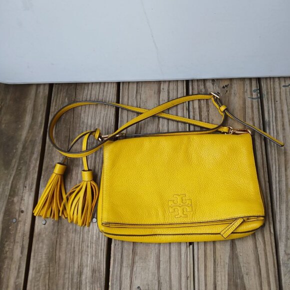 Tory Burch Yellow Leather Crossbody Bag with Tassels - Picture 7 of 9